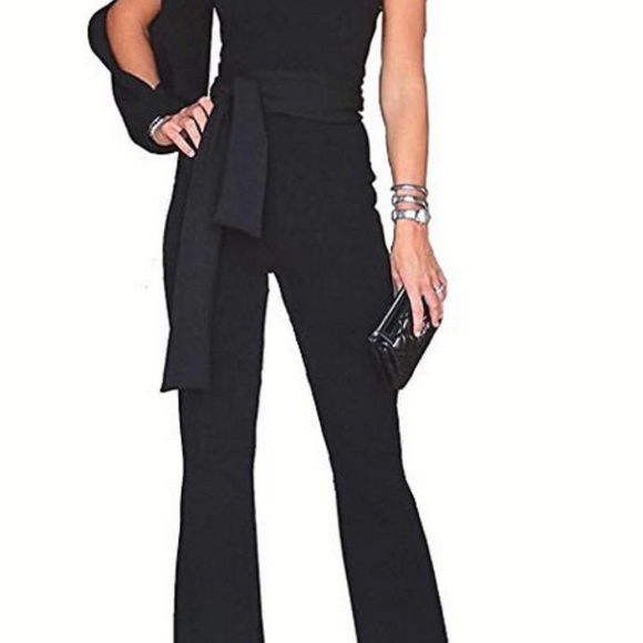 Black Off Shoulder Business Suit Jumpsuit Romper - Picture 2 of 3